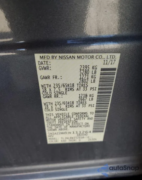 2018 Nissan Murano S из США, поврежденный, VIN 5N1AZ2MH9JN111264